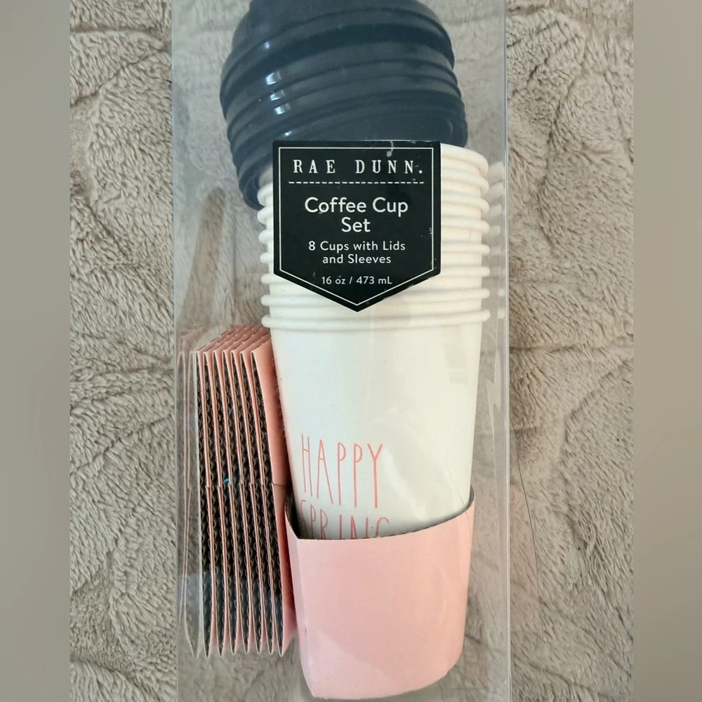 8 Rae Dunn Paper Travel Hot Cocoa Coffee Cups Lids Sleeves Happy Spring 16oz
